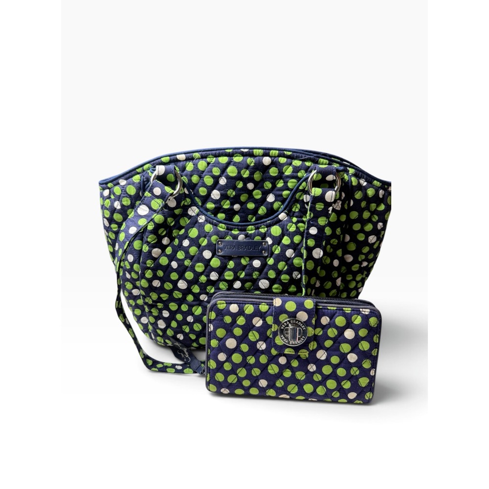 Vera Bradley Go Wild Navy Blue Lime Green Polka Dot Shoulder Bag and Wallet Set